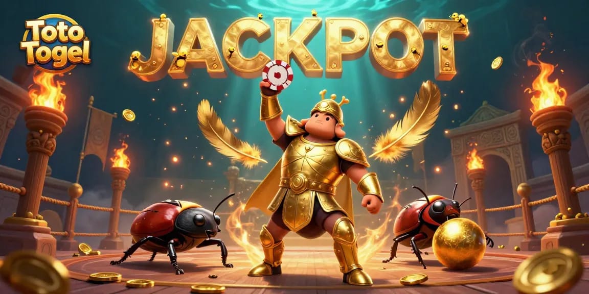 Toto Togel menangkap keberuntungan dengan simbol poker bersama beetle di arena pertarungan.