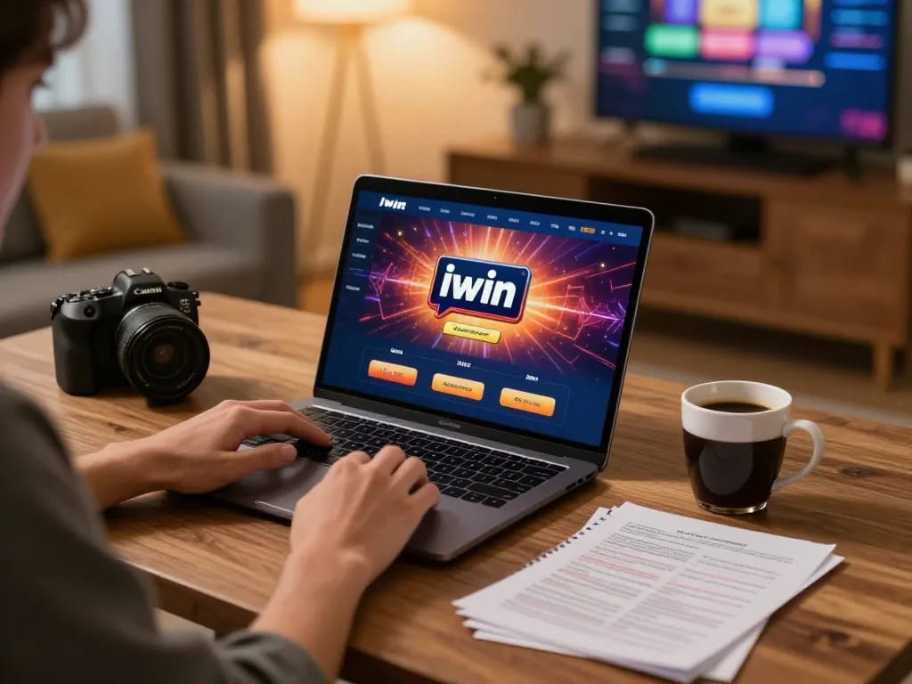 Iwin online gaming session in a cozy home office with strategic notes and laptop