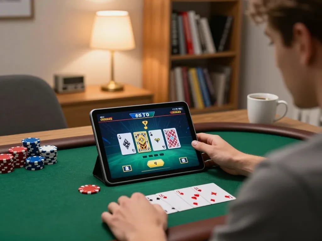 Player enjoying online poker game on tablet in cozy home with 888New branding visible as part of the gaming experience.