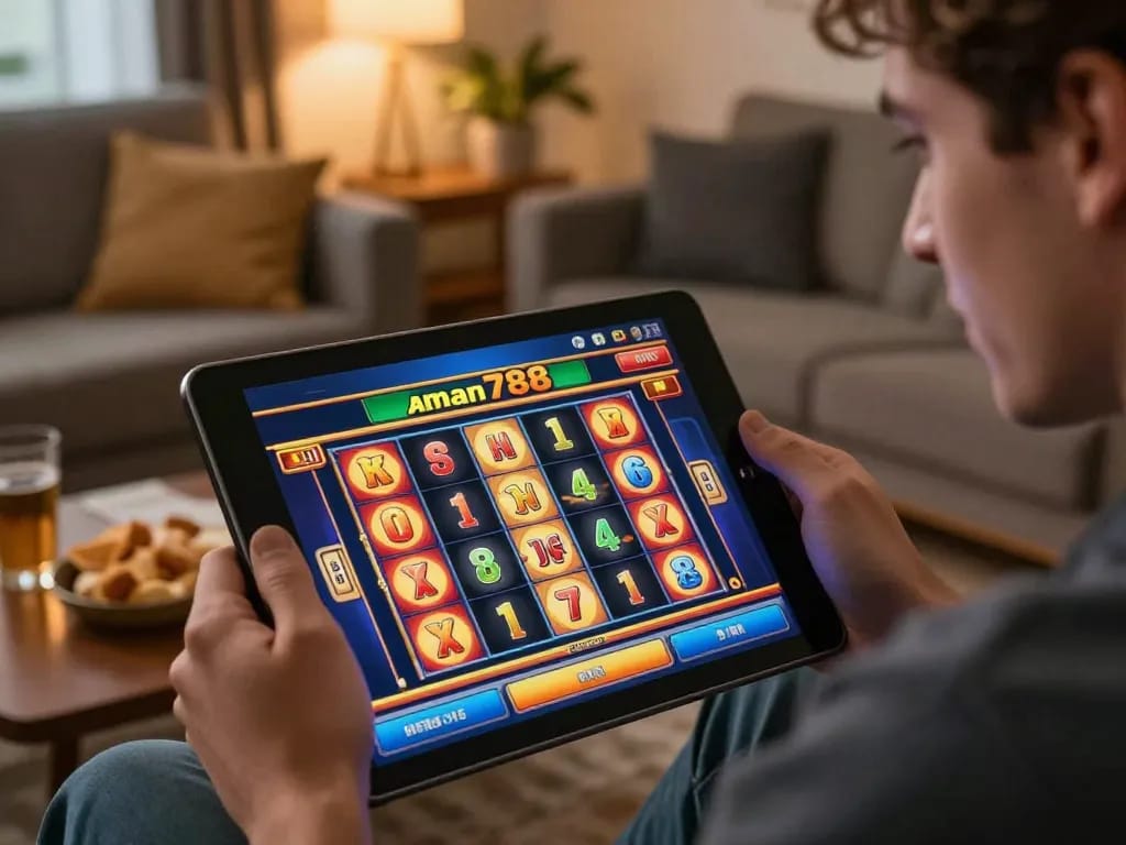 Pemain menikmati aman788 slot online di lingkungan rumah yang nyaman selama sesi permainan malam