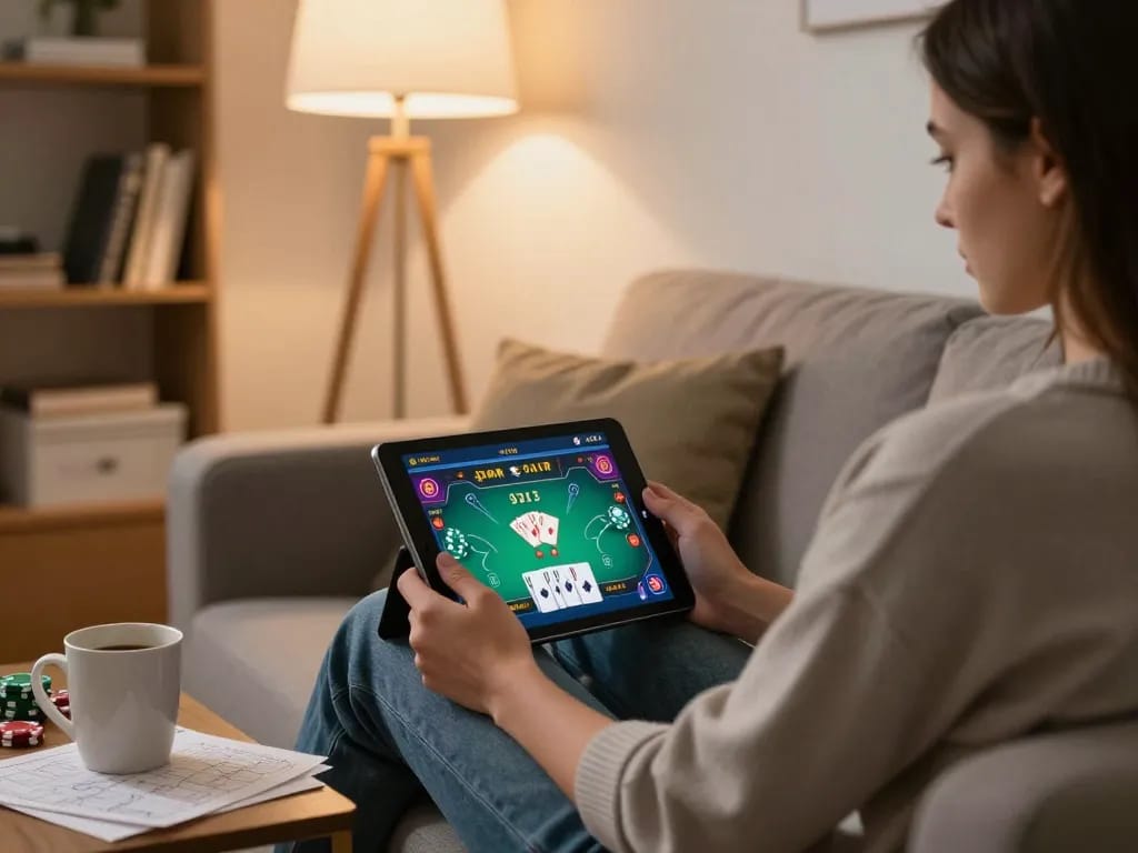 Person playing net88 online poker game on tablet in cozy home setting.