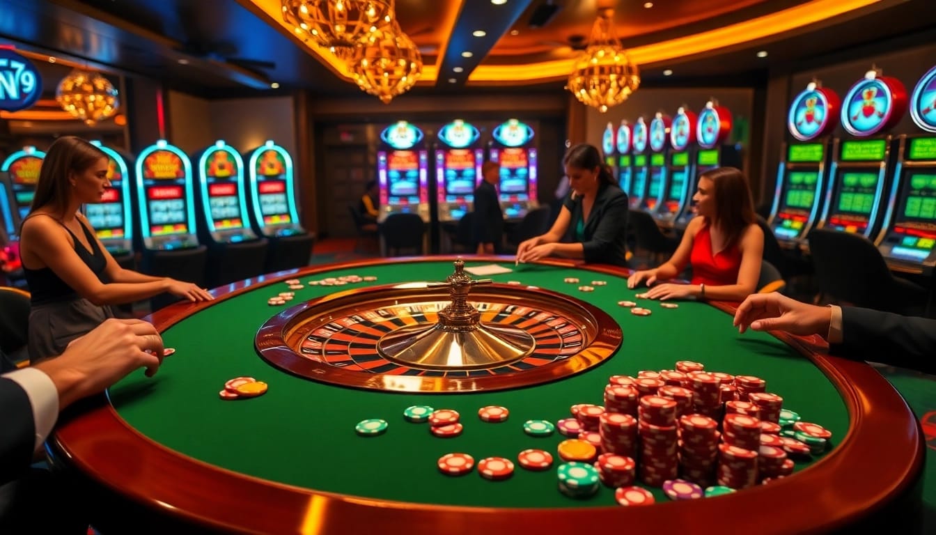 Experience the thrill of fun79 in a luxury casino setting with roulette and poker chips.