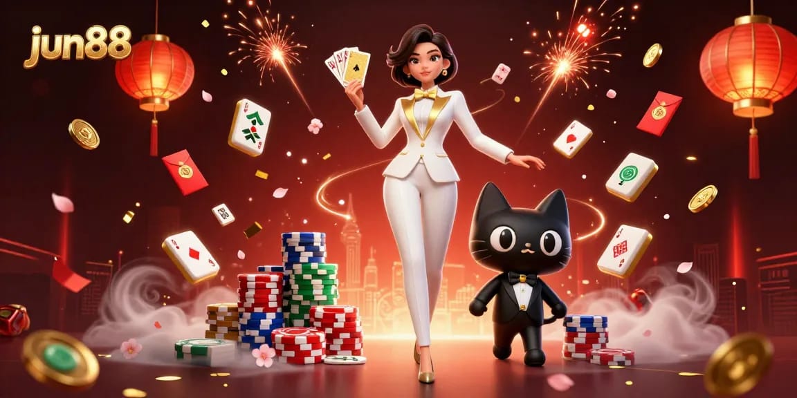 Engage in thrilling gameplay at jun88, where a glamorous dealer deals cards surrounded by vibrant casino elements.
