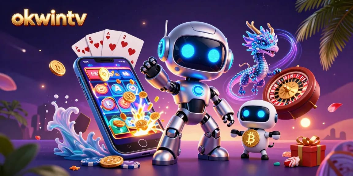 Engage in thrilling wins with Okwintv, showcasing a vibrant casino scene with dynamic gaming elements.
