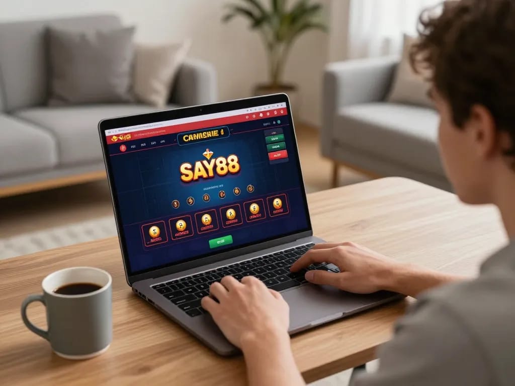 Engaged player strategizing on Say88 online casino platform using laptop at home