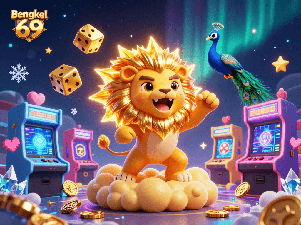 Bengkel 69 showcases a vibrant casino scene with animated characters amidst colorful arcade machines.