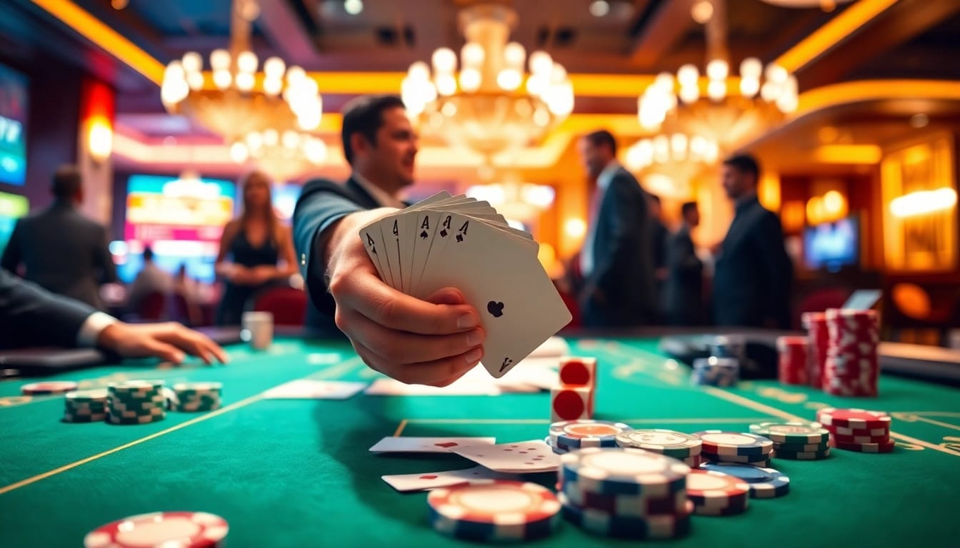 Permainan arushoki di meja kasino dengan chip berwarna-warni dan kartu yang menarik perhatian.