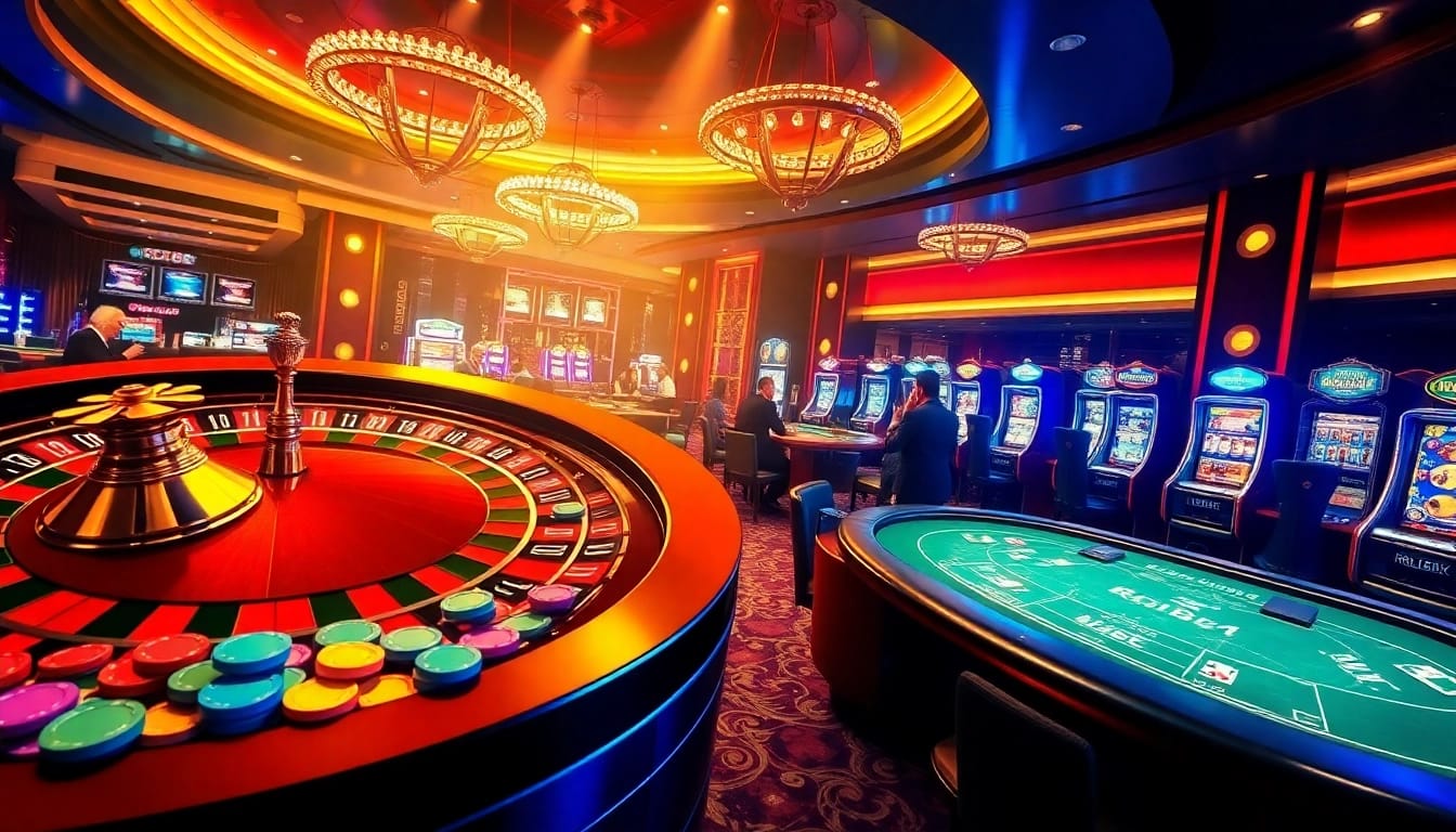 Players enjoying games at RR88 com casino with dazzling roulette and slot machines.