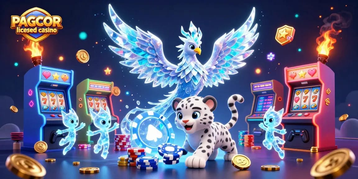 PAGCOR licensed casino scene featuring an ice phoenix, snow leopard, and glowing sprites amidst casino elements.