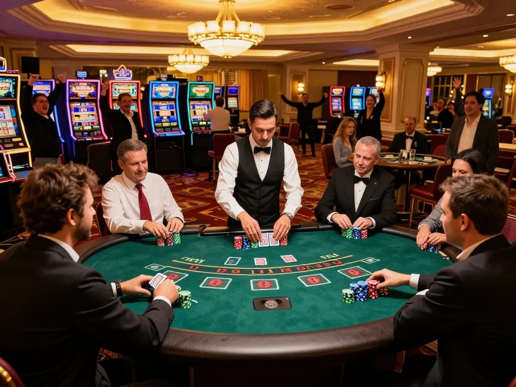Players engaging in a high-stakes blackjack game at MM88 casino, chips stacked, focused gameplay