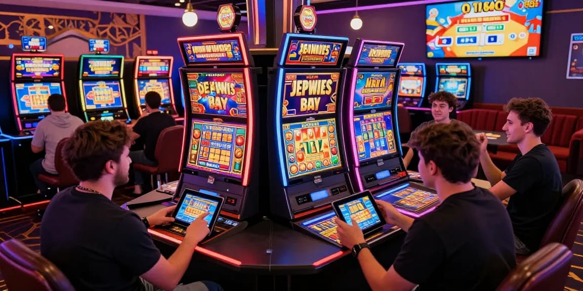 Engaged players exploring bonus buy slots at crownnorthill.co.uk in a vibrant online casino setting, celebrating wins.