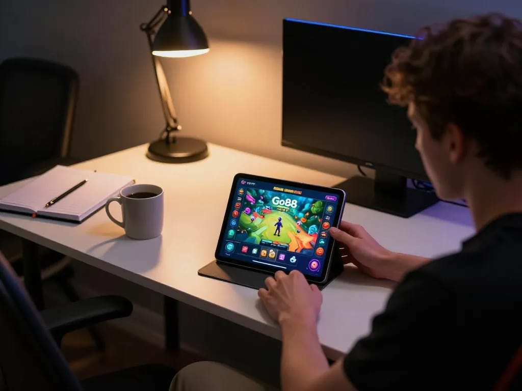 Engaging online gaming session with Go88 visible on tablet screen, showcasing modern home setup