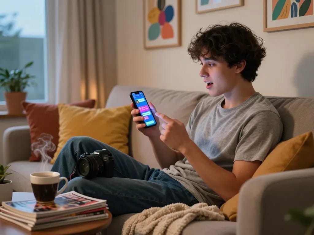 Live chat with 18+ AI in a cozy environment with warm lighting and vibrant details.