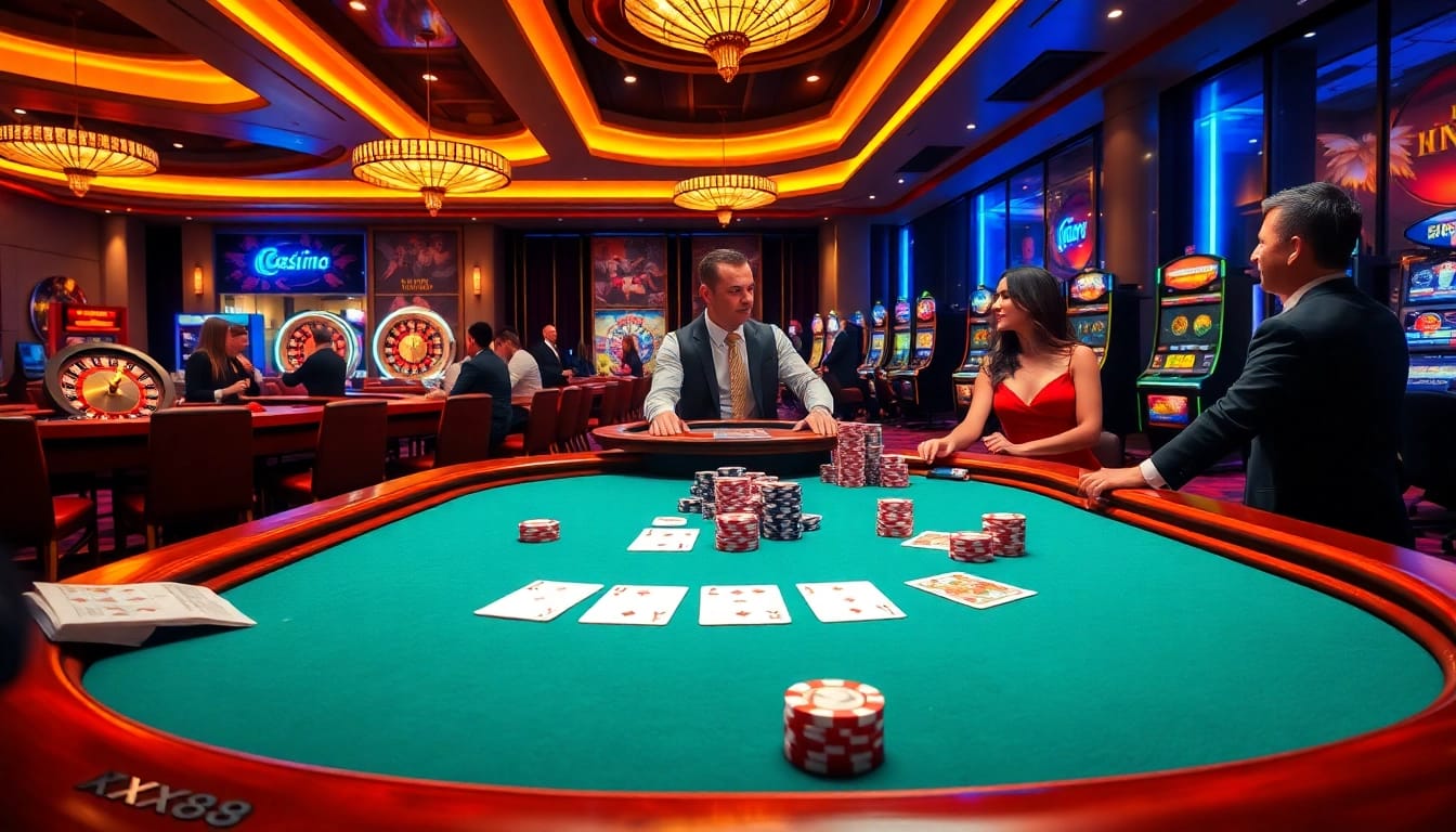 Experience thrilling poker action at XX88 with vibrant gaming elements and a luxurious atmosphere.