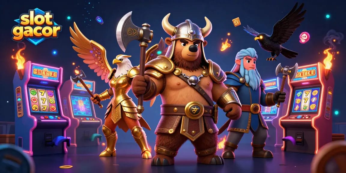 Permainan slot gacor ditampilkan dengan karakter beruang Viking 3D dan elang Valkyrie bersinar dalam ilustrasi menarik.