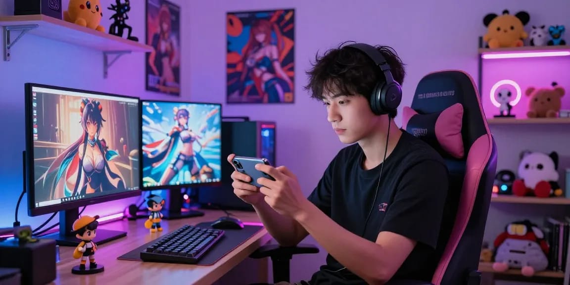 Engaging gamer playing mobile hentai games in a vibrant, colorful room.