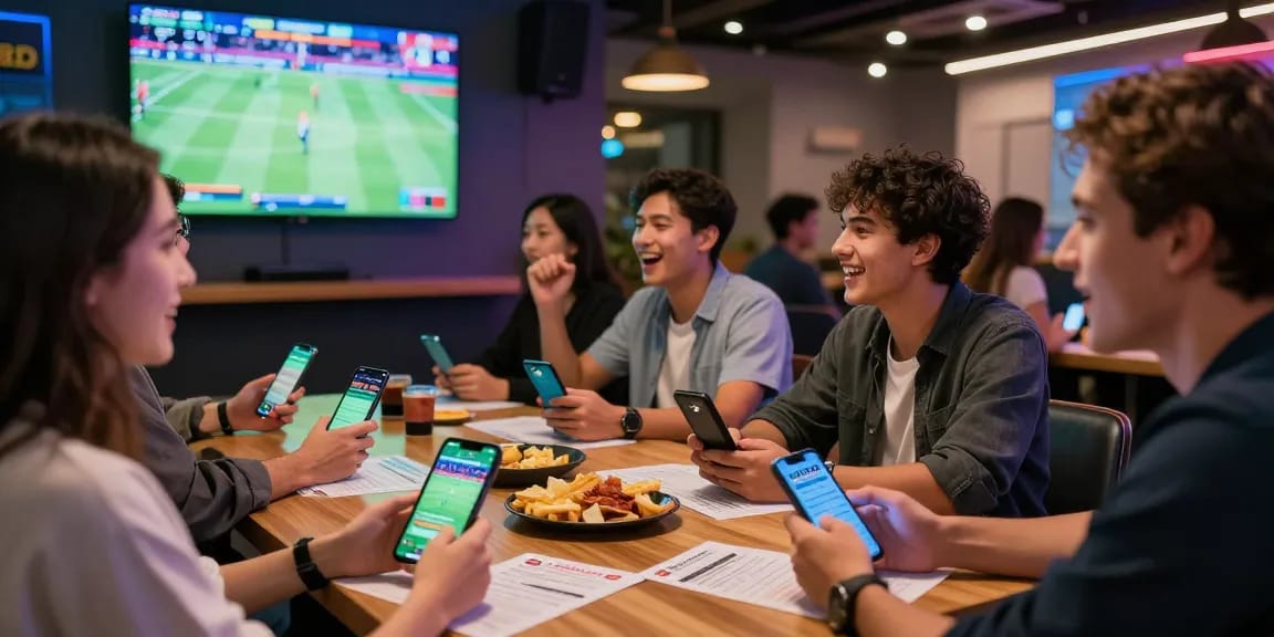 Group enjoying the excitement of online betting with 28bet app in a modern lounge.