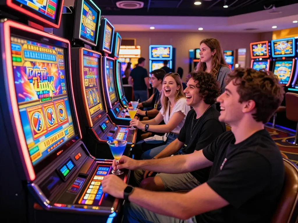 Friends engaged at a link slot machine in a vibrant casino, enjoying the gaming experience with colorful lights.