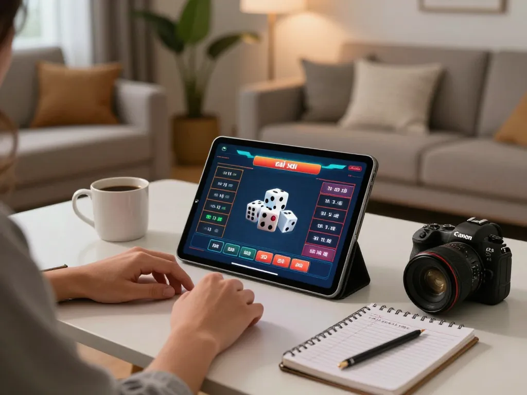 Engaged player exploring tài xỉu online on tablet at home, cozy atmosphere with betting strategies.