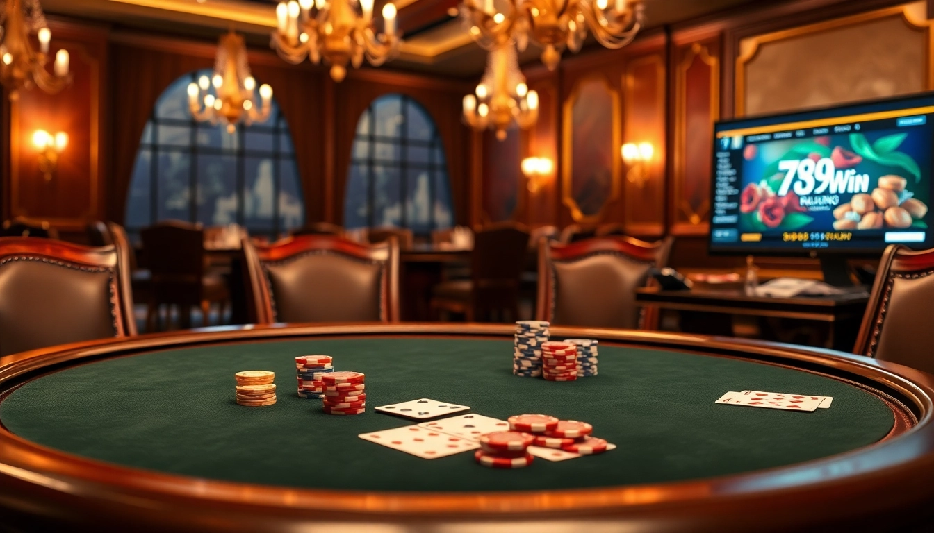 Players enjoying a high-stakes game at 789Win casino with vibrant poker chips and action-packed atmosphere.