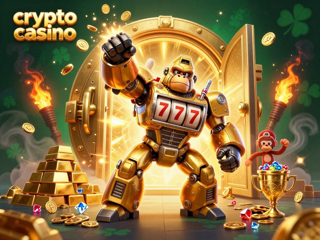 Experience the excitement of a crypto casino with a golden gorilla mech and treasure galore.