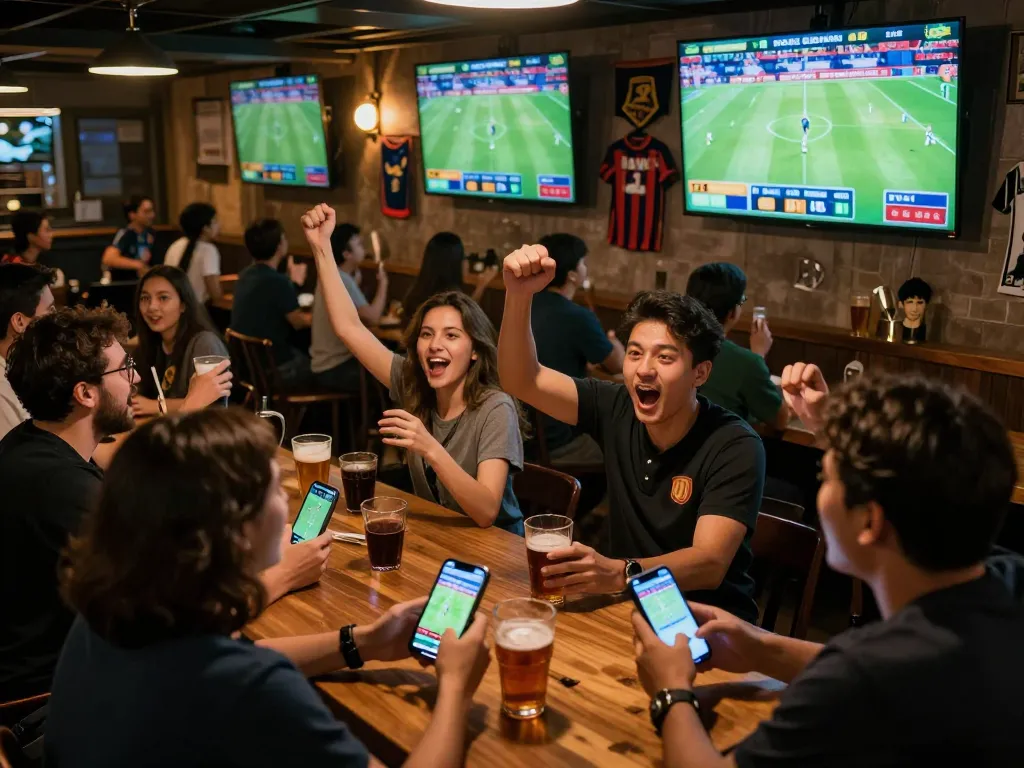 Excited patrons engaged in kèo bóng đá hôm nay at a sports bar, placing bets on smartphones.