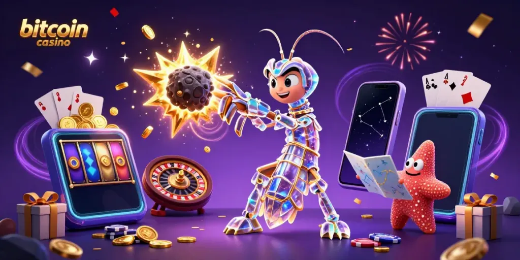 Explore thrilling action at the bitcoin casino with a galactic samurai and starfish surrounded by vibrant gaming elements.