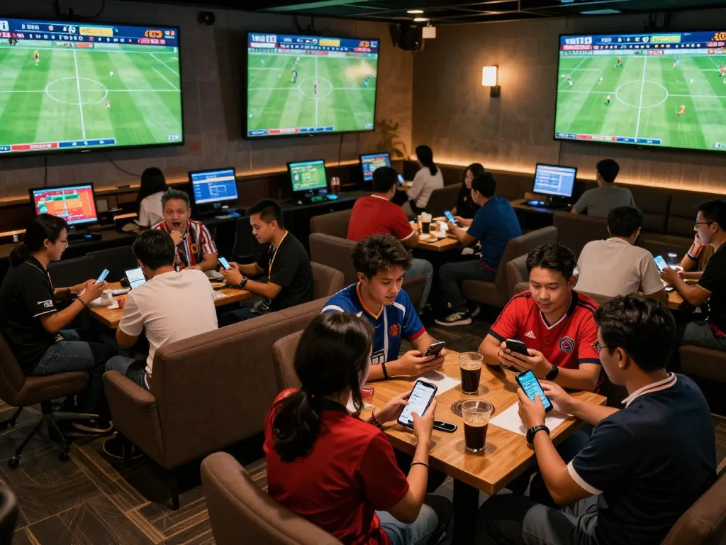 Captivating scene of sports betting enthusiasts engaging with tỷ lệ kèo nhà cái on their smartphones in a lively lounge atmosphere.