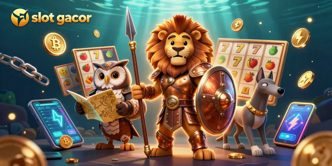 Engage with slot gacor action in a vibrant scene featuring a Spartan lion and tactical characters.