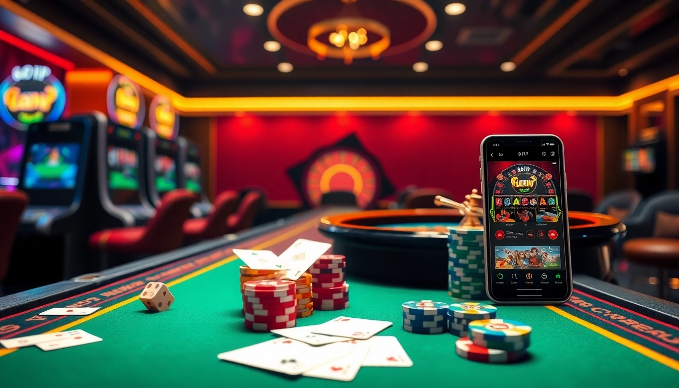 Experience the thrill of Đăng Nhập Nhà Cái 68VIP with vibrant casino elements and a lively gambling atmosphere.