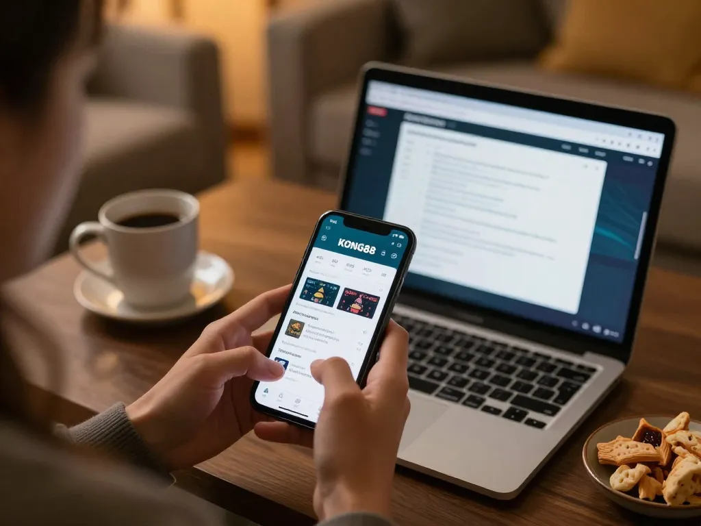 KONG88 user engaging with a mobile gaming app, enjoying a cozy night of online gambling.
