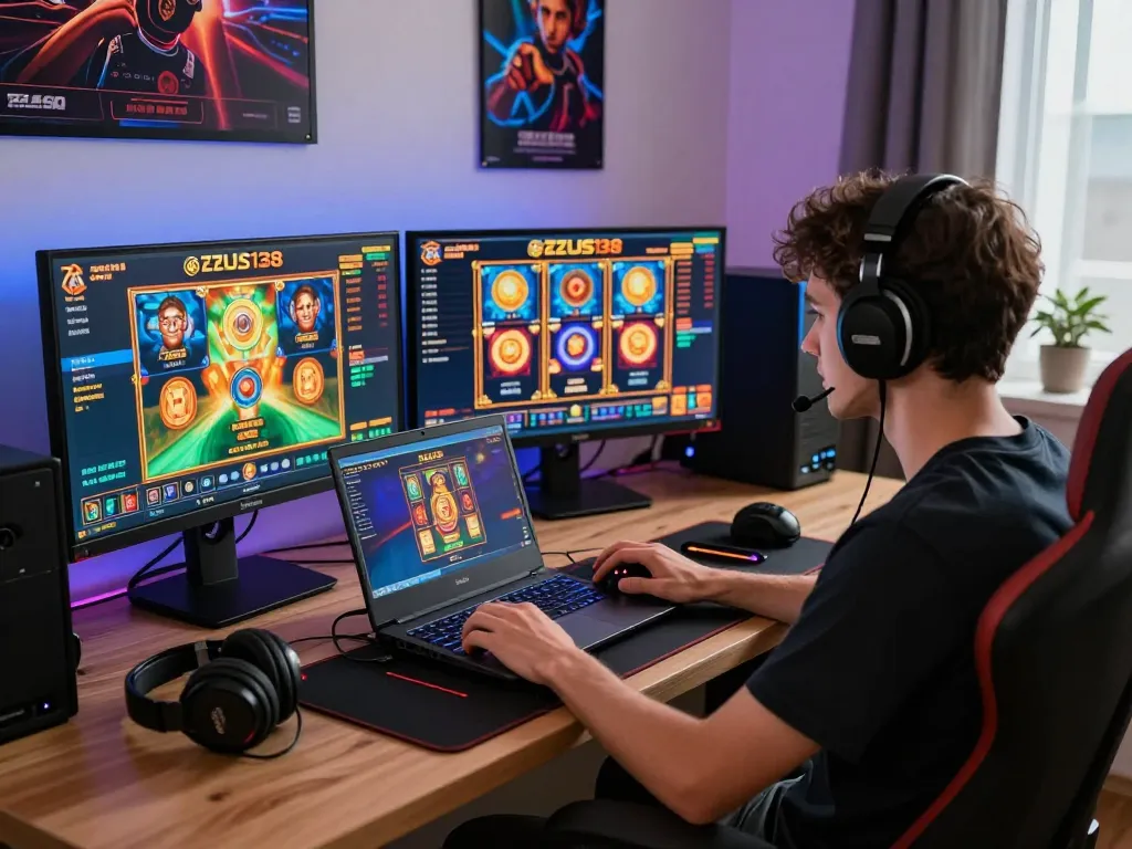 Engaging gaming scene with a player enjoying Zeus138 slot games on a modern setup, showcasing vibrant graphics and an energetic atmosphere.