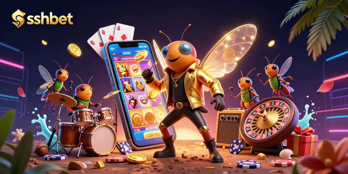 Experience excitement with sshbet as the cicada rock star and band bring the casino to life in vibrant 3D art.