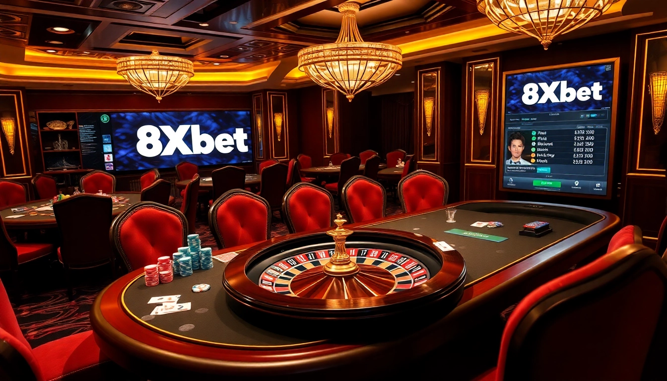 Engaging casino scene showcasing 8Xbet with players at a high-stakes poker table.