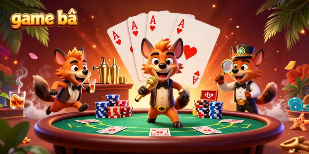 Hyenas entertaining at a casino club with poker games and vibrant atmosphere, illustrating game bài.