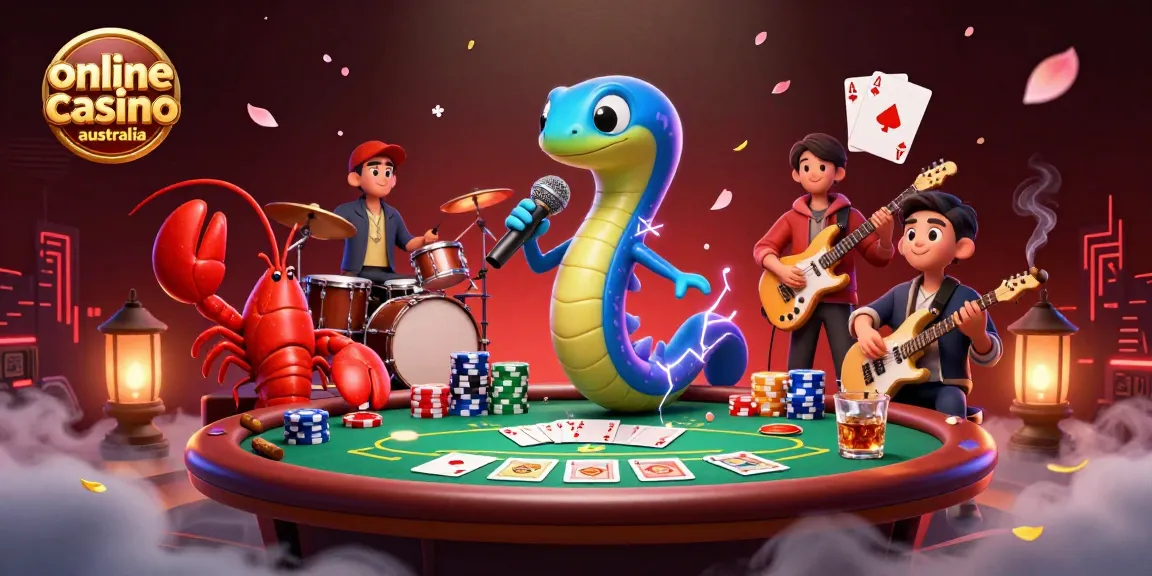 Experience the vibrant energy of an underwater casino with our online casino Australia illustration featuring an electric eel DJ.