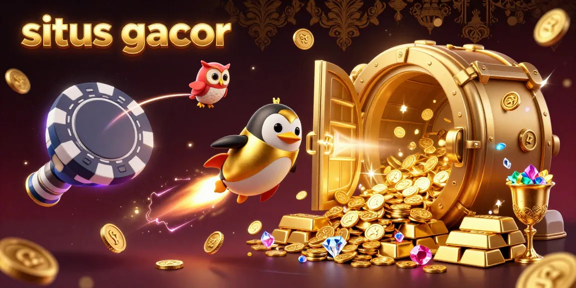 Situs gacor showcases a golden penguin in a dynamic 3D casino adventure illuminated by gold and jewels.