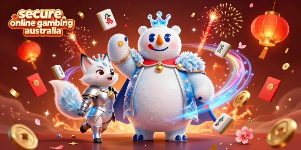 Experience secure online gambling Australia with festive 3D casino-themed illustration featuring engaging characters.