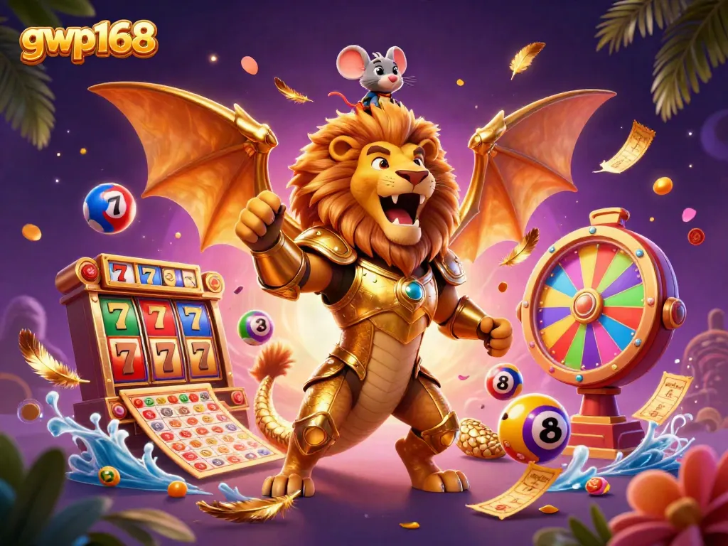 Gwp168 menampilkan petualangan kasino dengan karakter chimera berkilau di dalam permainan slot yang menarik.