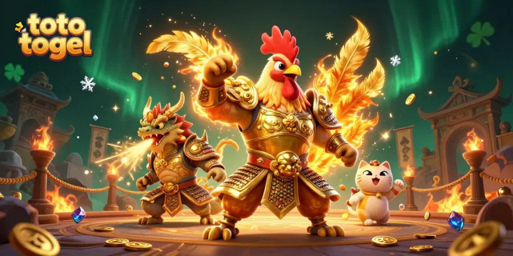 Engage in thrilling toto togel betting with our heroic rooster and dragon mascot in a vibrant, action-packed scene.