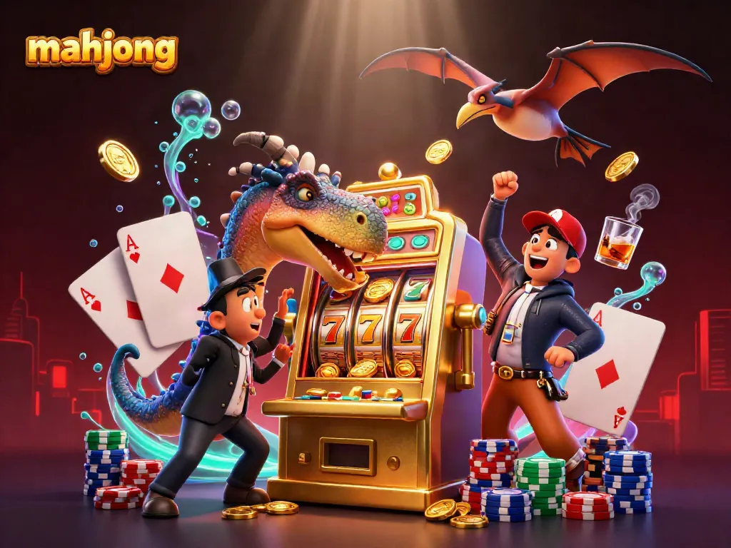 Mengambil jackpot mahjong, pachycephalosaurus beraksi di mesin slot, mengumpulkan koin emas di kasino.