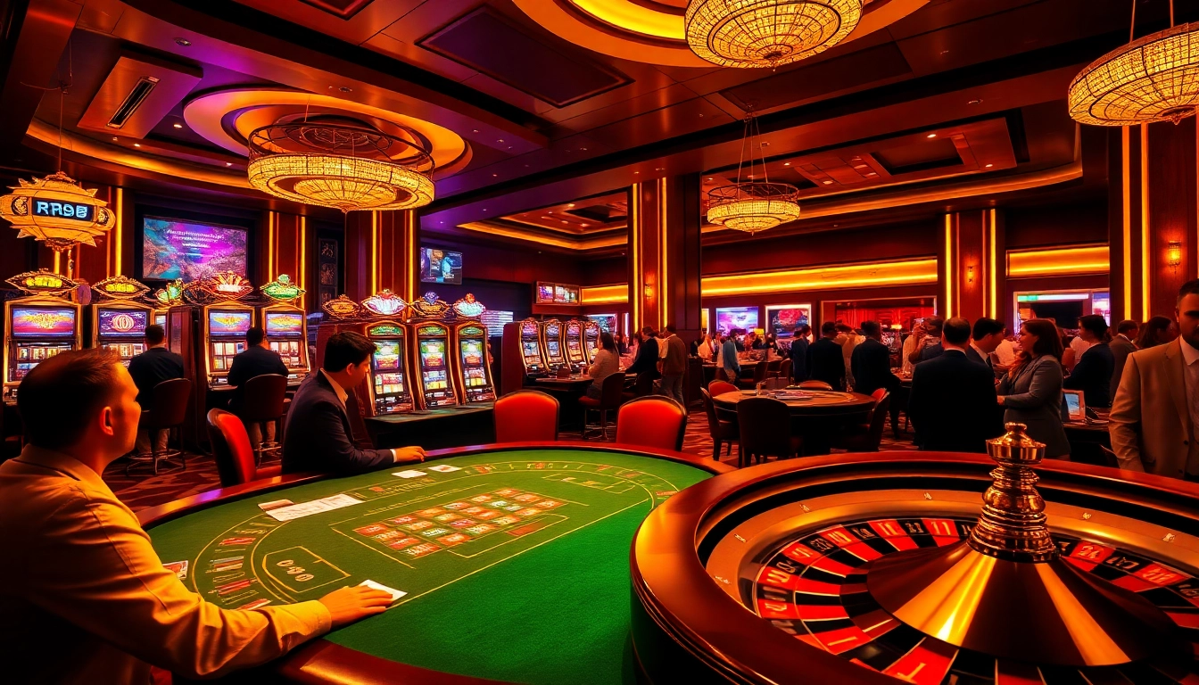 RR88 Đăng nhập at a modern casino with slot machines and a vibrant roulette wheel.