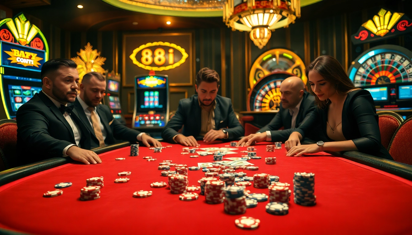 Engaged gamblers playing poker at an 88i casino table surrounded by vibrant slot machines.