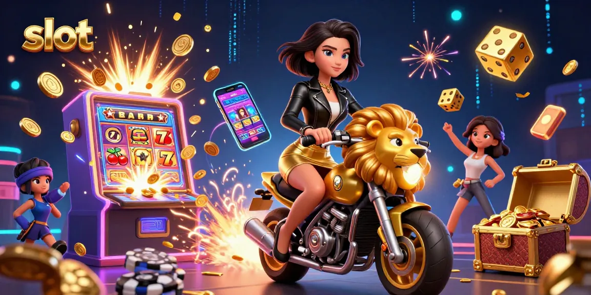 Experience thrilling slot action with a glamorous rider and vibrant casino elements.