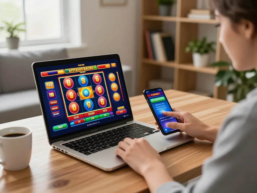 Engaging gameplay on laptop for situs slot gacor, depicting fingers ready to spin colorful slot reels.
