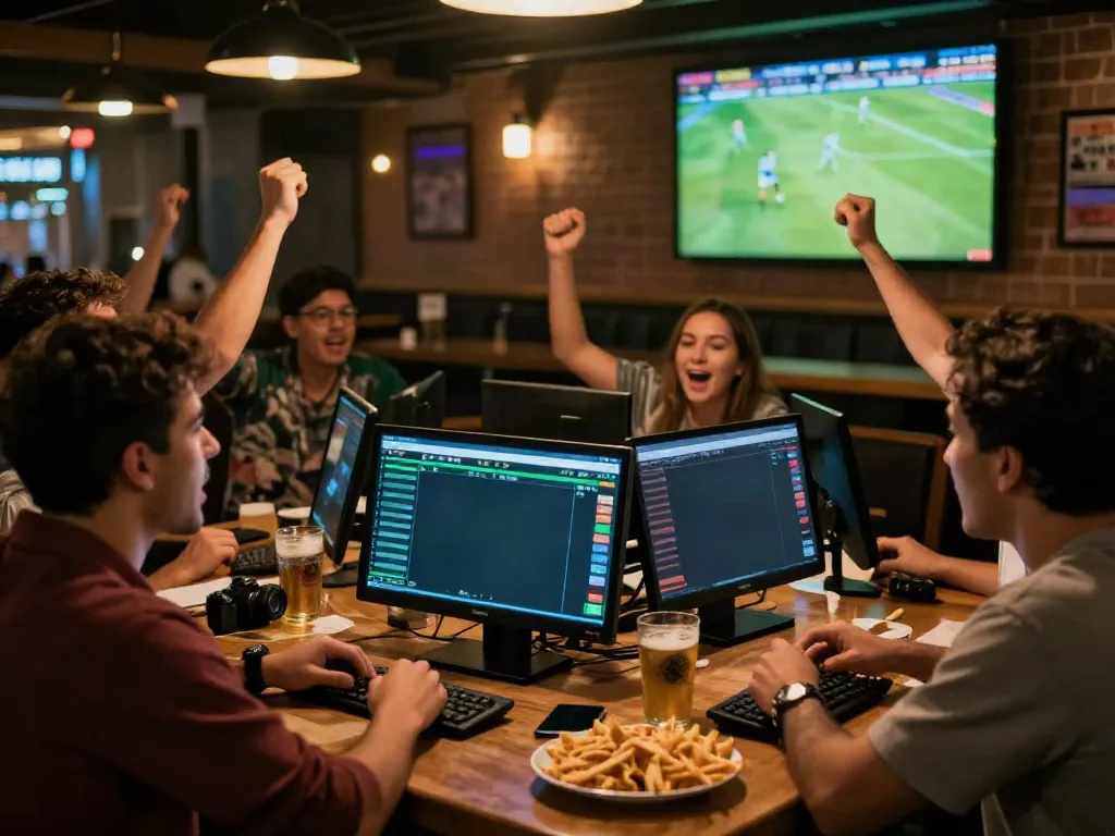 Fans at a sports bar engaged in football betting excitement, statymuzona.lt insights.