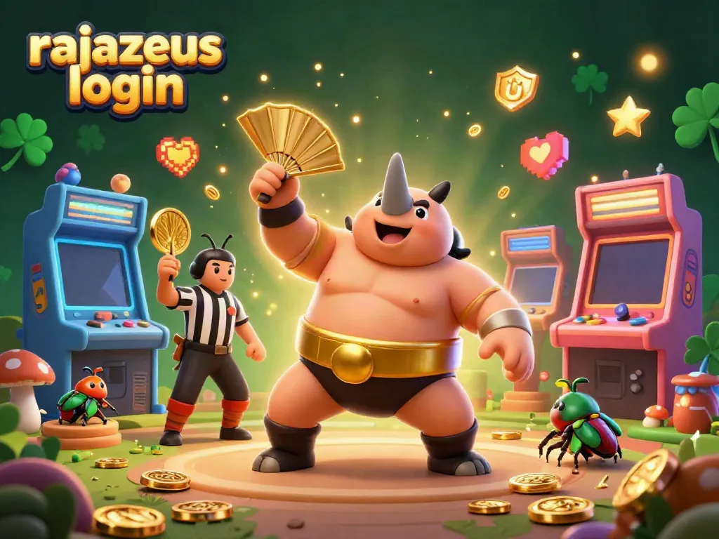 RajaZeus login untuk permainan slot dengan karakter seru dan emas bersinar.
