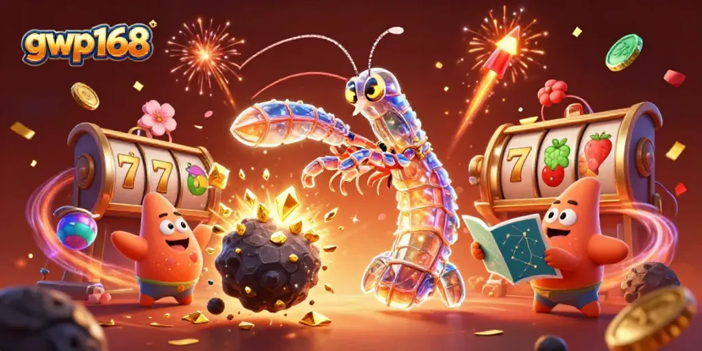 Gambarkan momen seru di GWP168 saat samurai mantis udang mengalahkan asteroid dengan hadiah berupa koin emas.