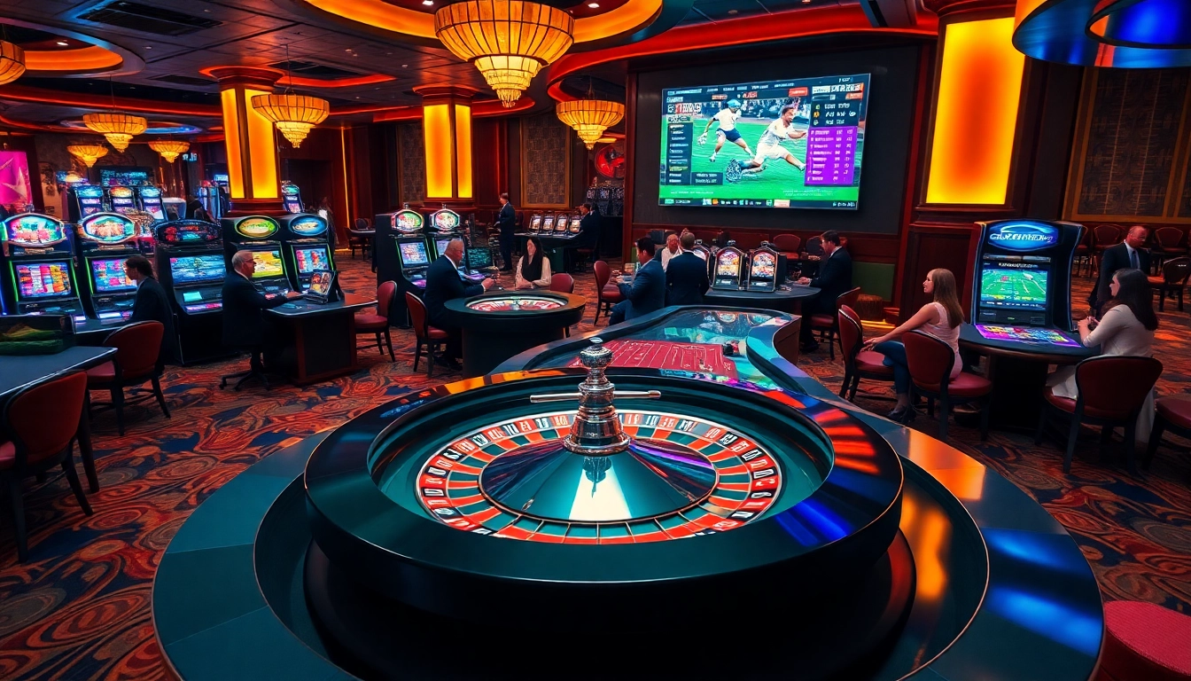 Excited players strategizing their bets at https://www.ok8386a.org/ casino tables, showcasing modern roulette and vibrant slot machines.