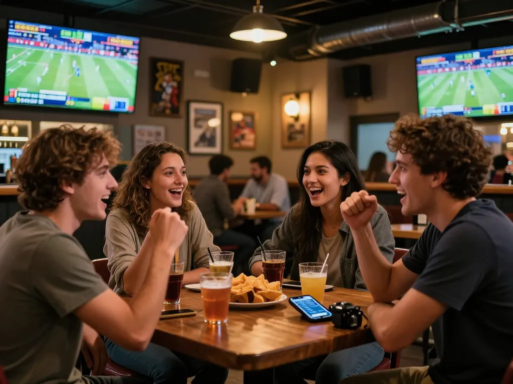 Engaged bettors analyzing soi keo nha cai odds on smartphones in a vibrant sports bar setting.